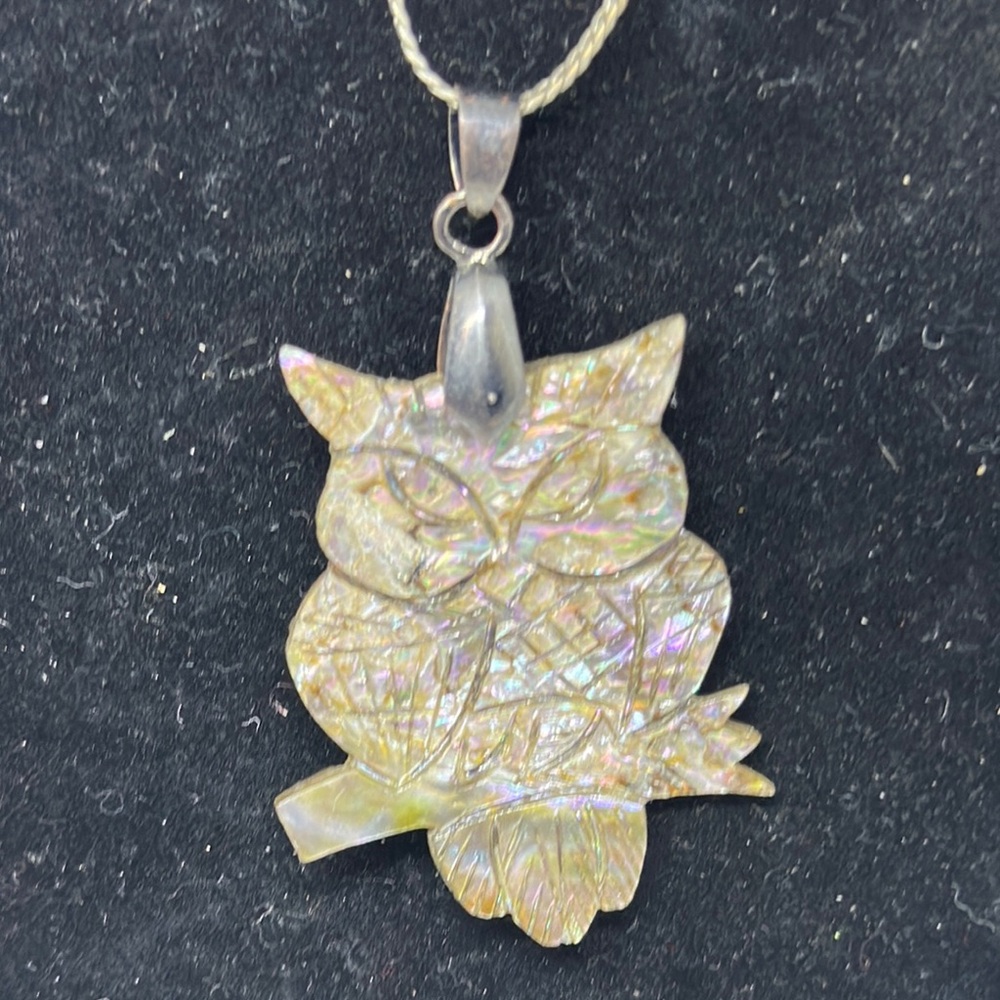 Intricate Mother of Pearl Owl Necklace Hand Crafted